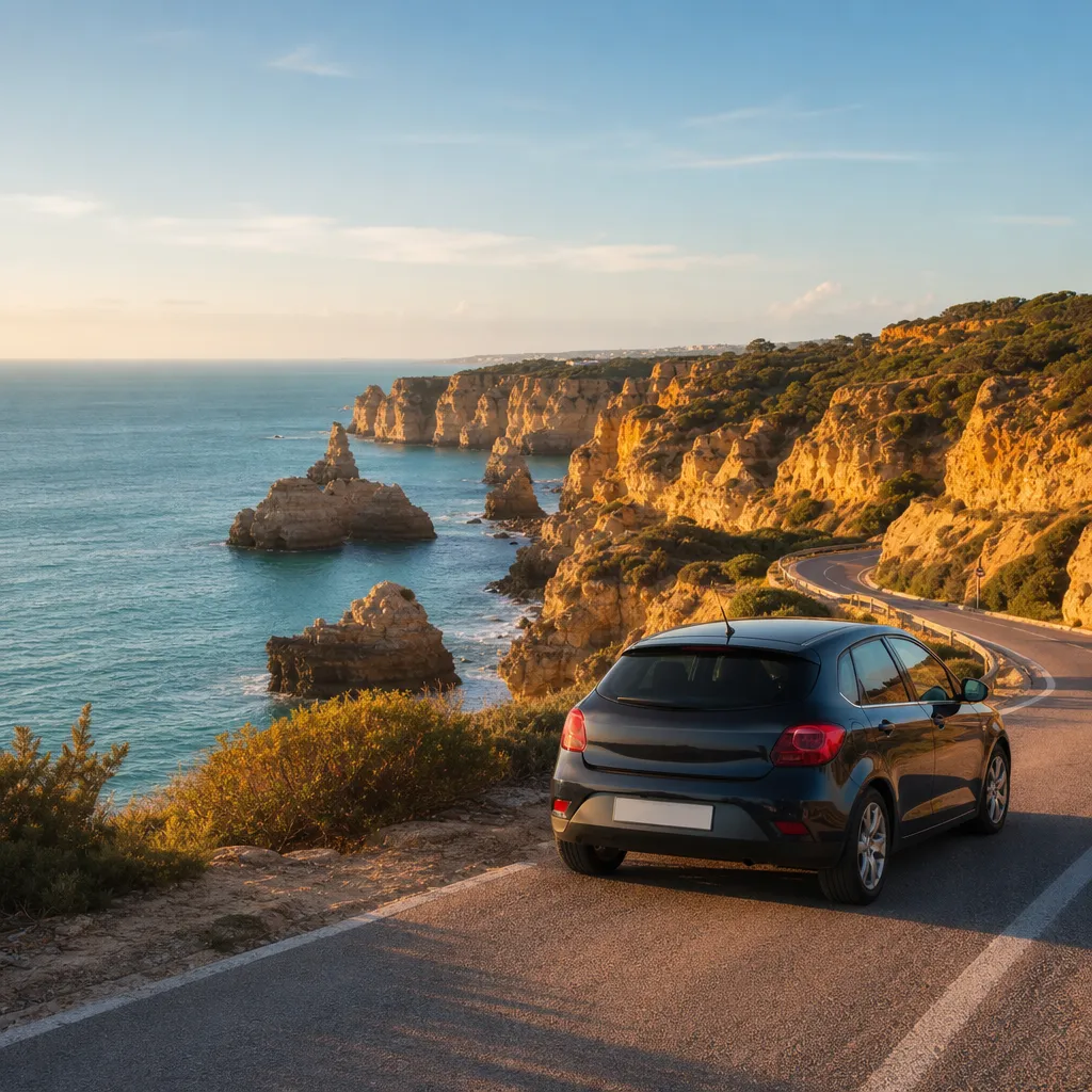 Winding Algarve coastal route with a parked rental car
