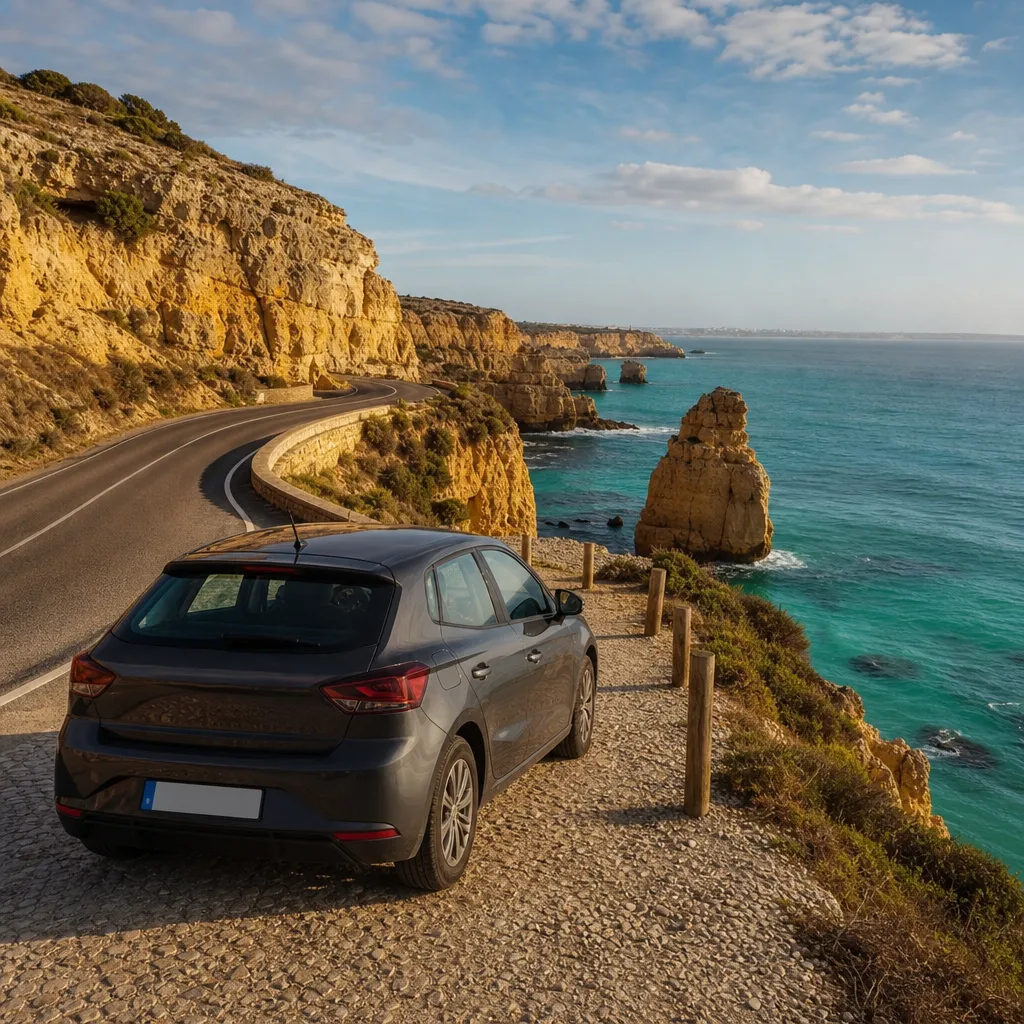 Algarve coastal road trip viewpoint with golden cliffs near Faro