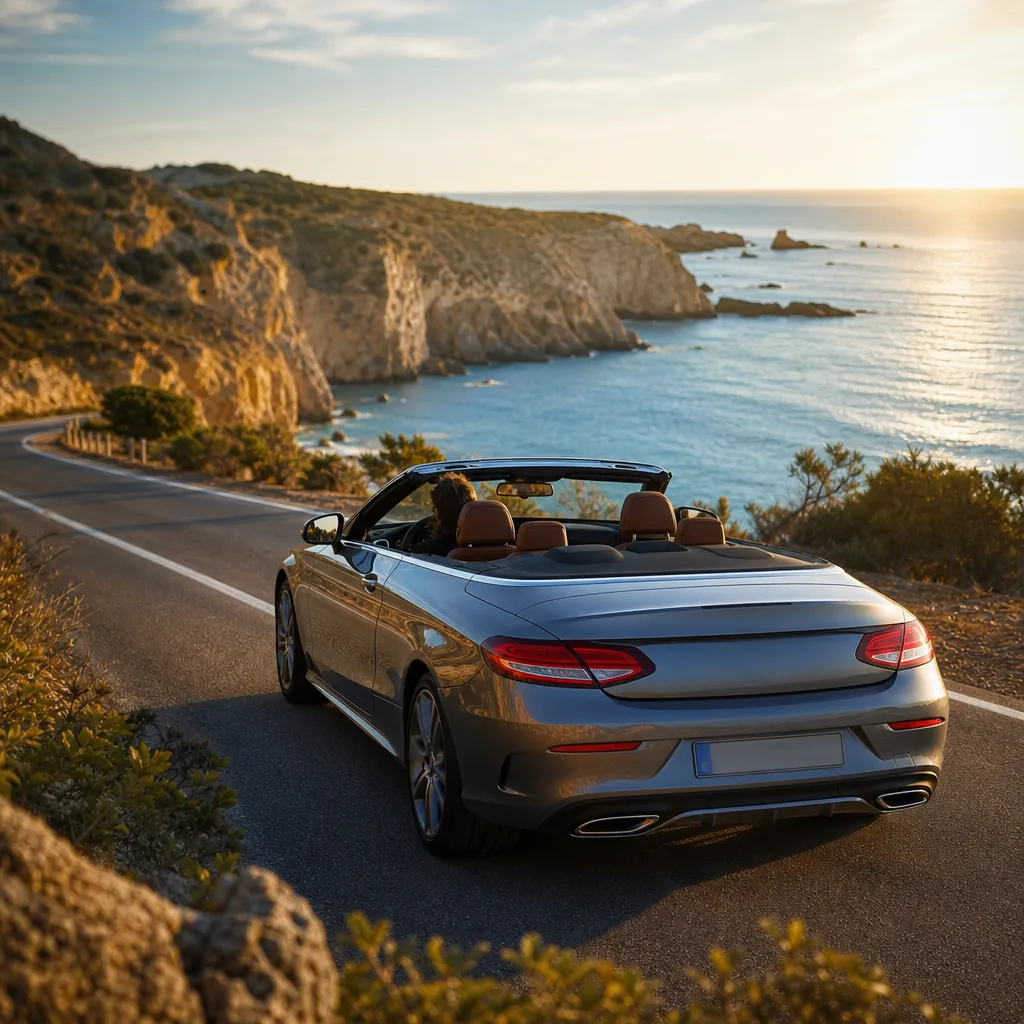 Cabrio convertible by the Algarve cliffs at golden hour