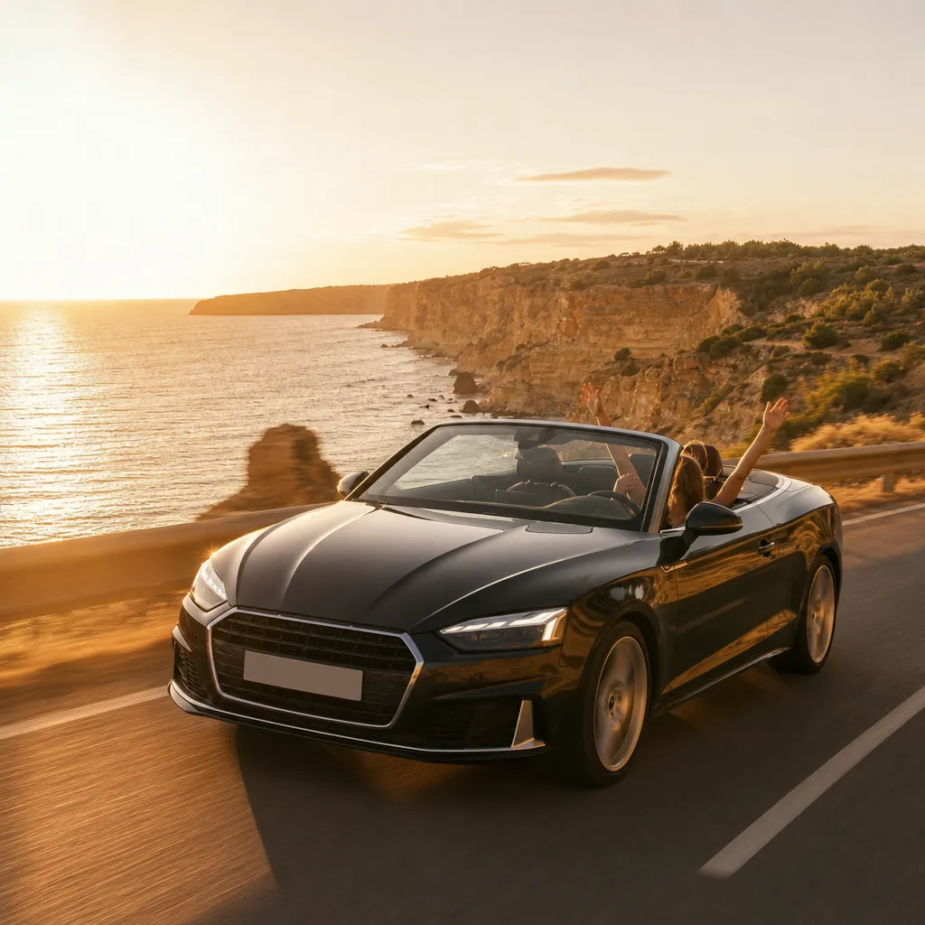 Convertible cruising an Algarve coastal road near Faro with the roof down