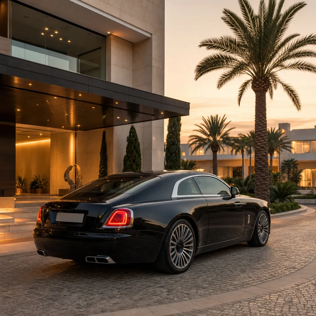 Luxury car parked outside an elegant Algarve resort near Faro
